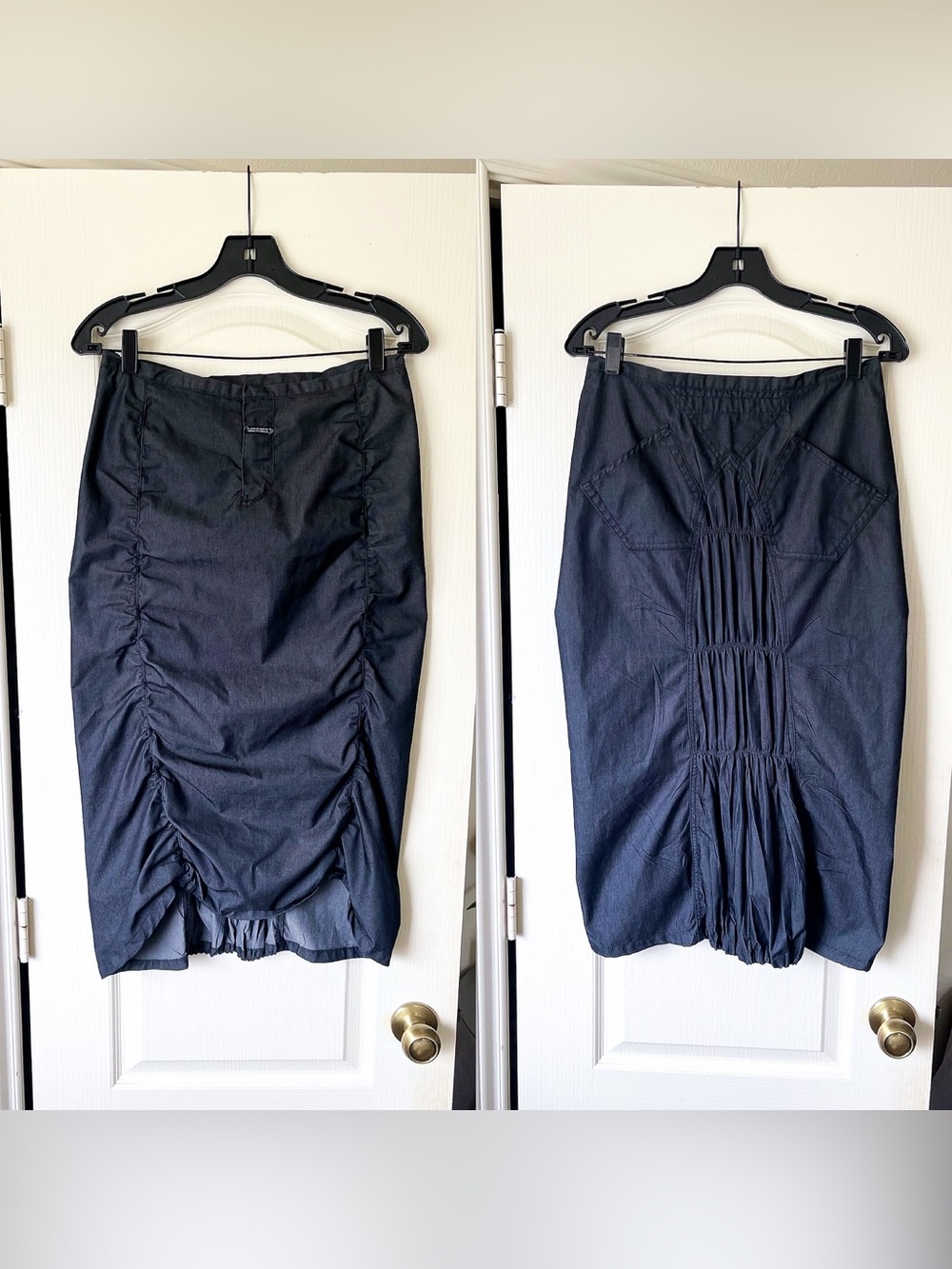 Marithe Francois Girbaud Ruched Denim Avant Garde Midi Skirt Black 26